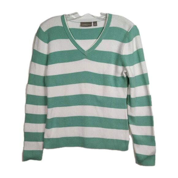 croft & barrow Sweaters - Croft & Barrow V-Neck Sweater Women's M Mint Green/White Stripes Long Sleeves